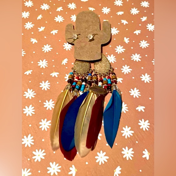 Jewel-Toned Feather Dangle Earrings - Picture 3 of 3